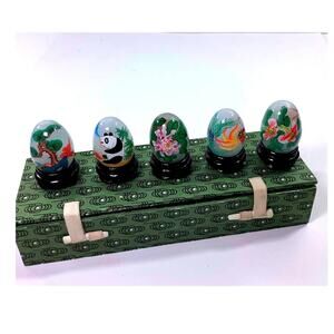 Set a five hand reverse painted blown glass eggs with box